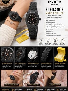 Invicta Black Stainless Steel Women's Watch with Rose Gold Accents